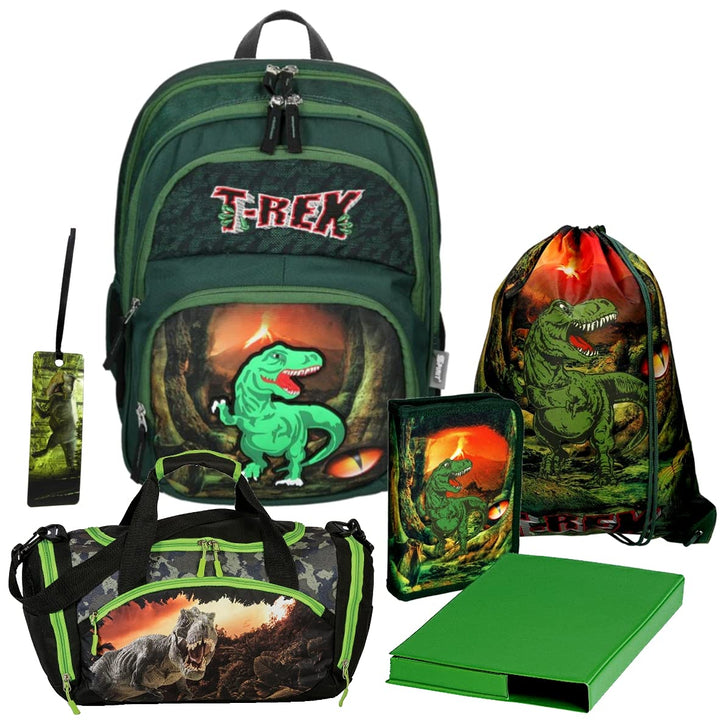 Primus-Versand T-REX - Dinosaurier - SPIRIT Soft 3D - Schulranzen-Set 6 tlg. mit FEDERMAPPE und SPOR