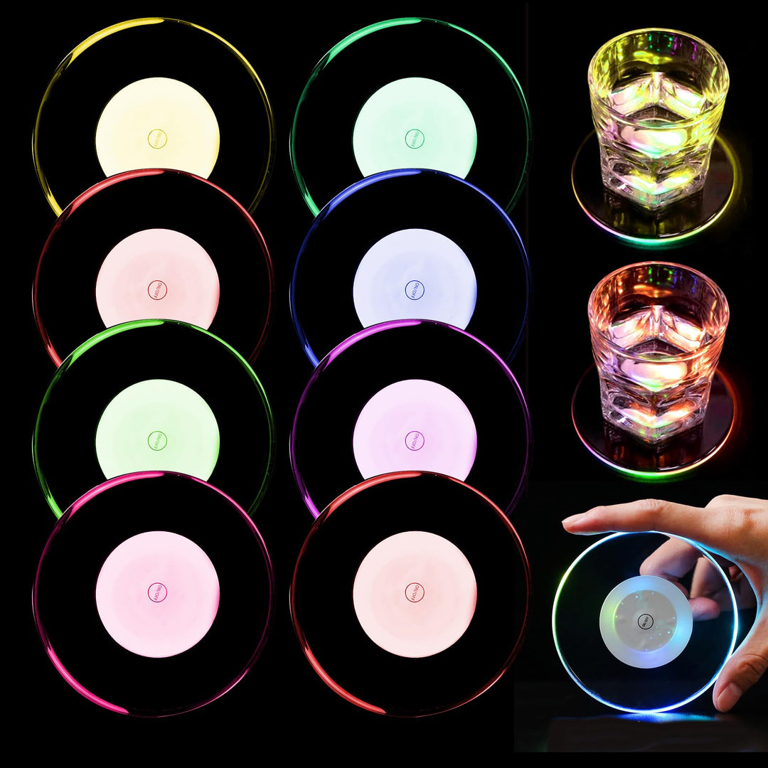 8 Stück LED Untersetzer: Ø 10cm Leuchtuntersetzer Rund aus Acryl, Wasserdicht mit 7 Farbmodi & ON/Of