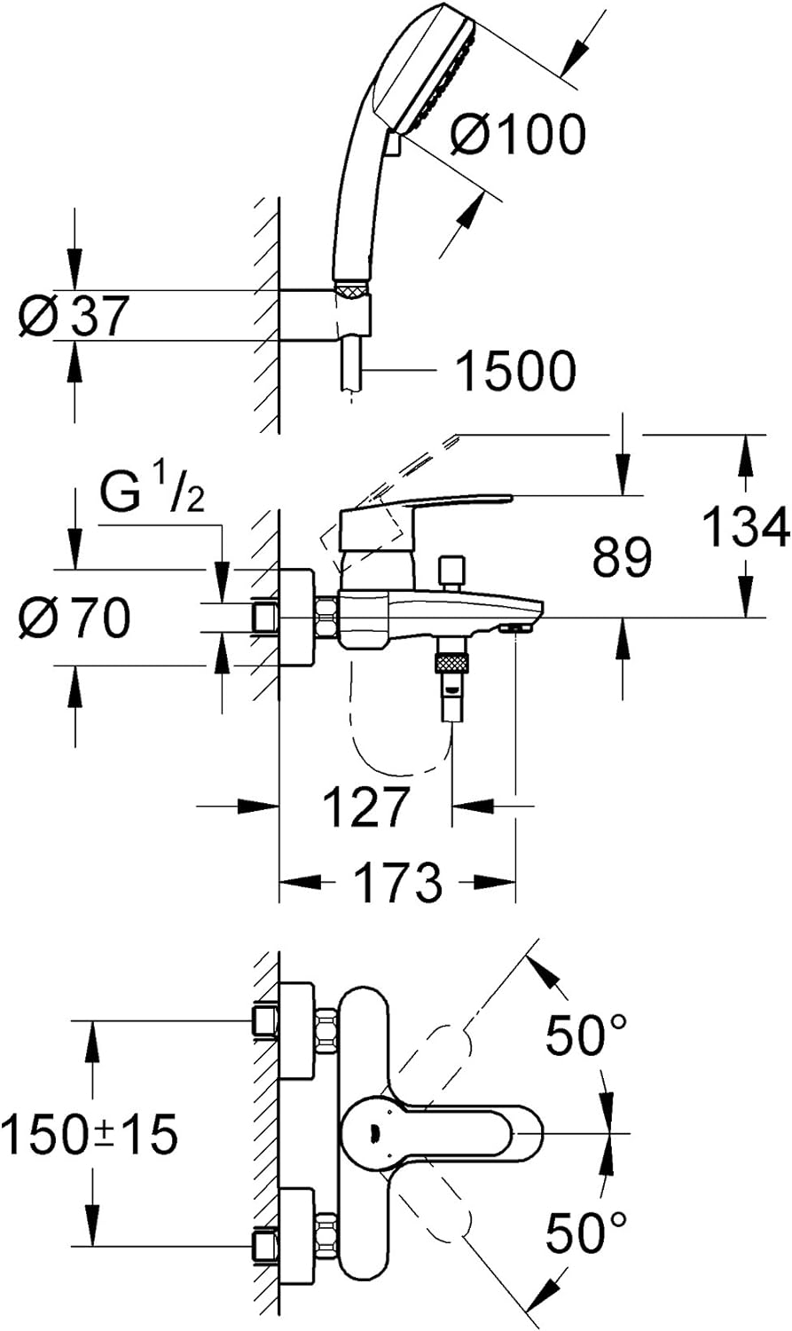 GROHE Eurostyle Cosmopolitan - Einhand-Wannenbatterie (mit Brausegarnitur, Wandmontage, automatische