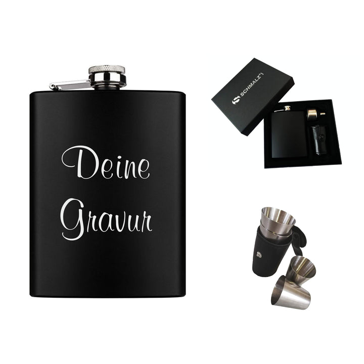 Schmalz® Flachmann-Set schwarz 7-teilig aus Edelstahl inklusive Gravur Geschenkverpackung Stamperl E