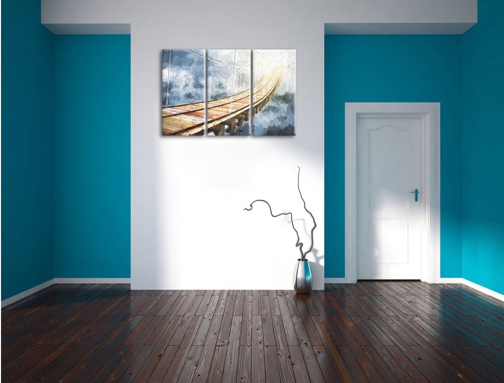 Pixxprint Hölzerne Brücke in den Wolken / 3-Teilig/Gesamtmass 120cm Leinwandbild bespannt auf Holzra