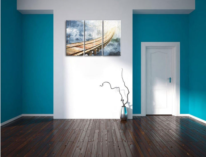 Pixxprint Hölzerne Brücke in den Wolken / 3-Teilig/Gesamtmass 120cm Leinwandbild bespannt auf Holzra