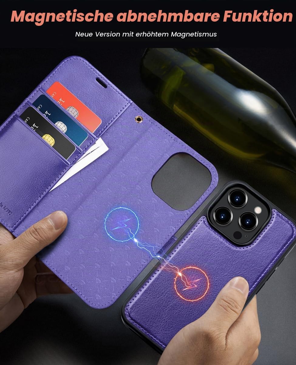 OCASE iPhone 15 Pro Hülle(2in1) Leder Stossfestes Case [Abnehmbare magnetische Hülle] [Kabelloses La