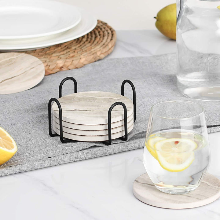 LIFVER Marmor Glas Untersetzer-Set 6er, Absorbierend Mit Korkboden Und Halter, Für Getränke in Bars,