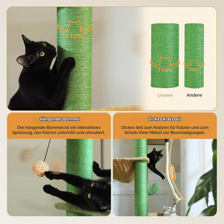 PAWZ Road Kratzbaum Grosse Katzen stabil mit Mehreren Ebenen, Hängematte,13 Sisalpfosten(φ11cm), Gro