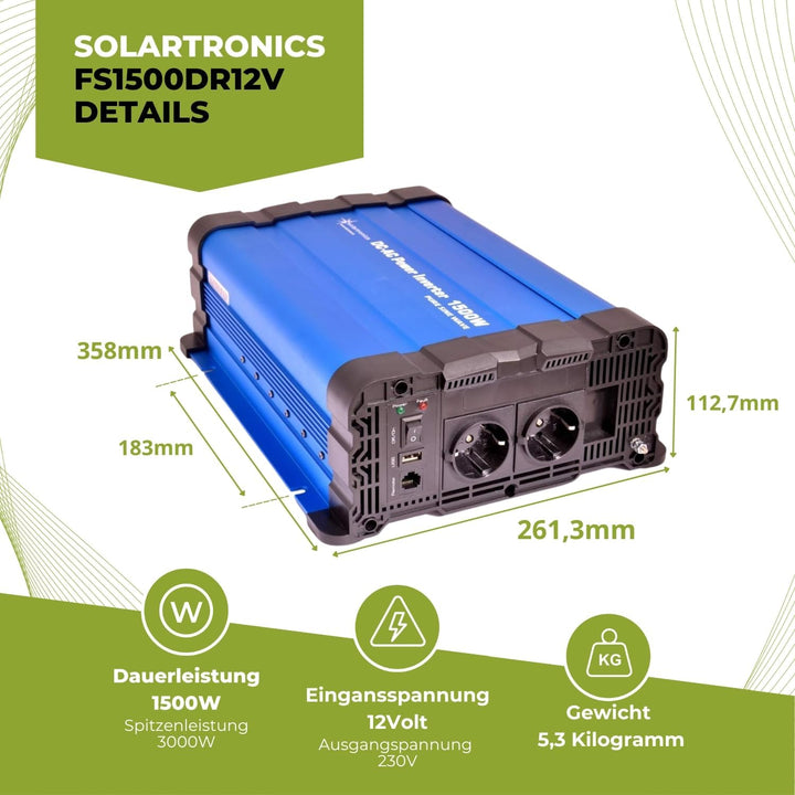 solartronics Spannungswandler FS1500DR 12V 1500/3000 Watt Reiner Sinus BLAU kein Display FS Serie In