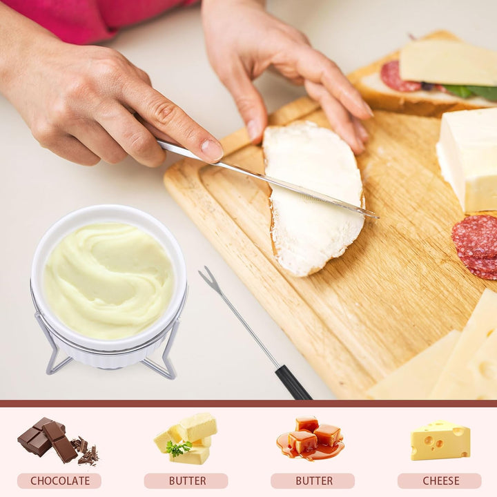 LELE LIFE Butterwärmer für Meeresfrüchte, Keramik-Butterschmelzgerät mit 6 Gabeln und Edelstahlständ