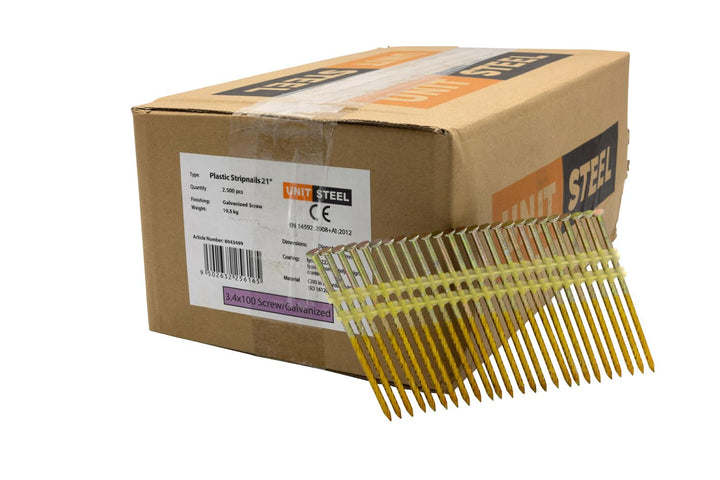 UnitSteel 21° Rundkopf Streifennägel - 3,4X100mm, 2.500 stück, Nägel für Druckluft-Nagler, Verzinkt/
