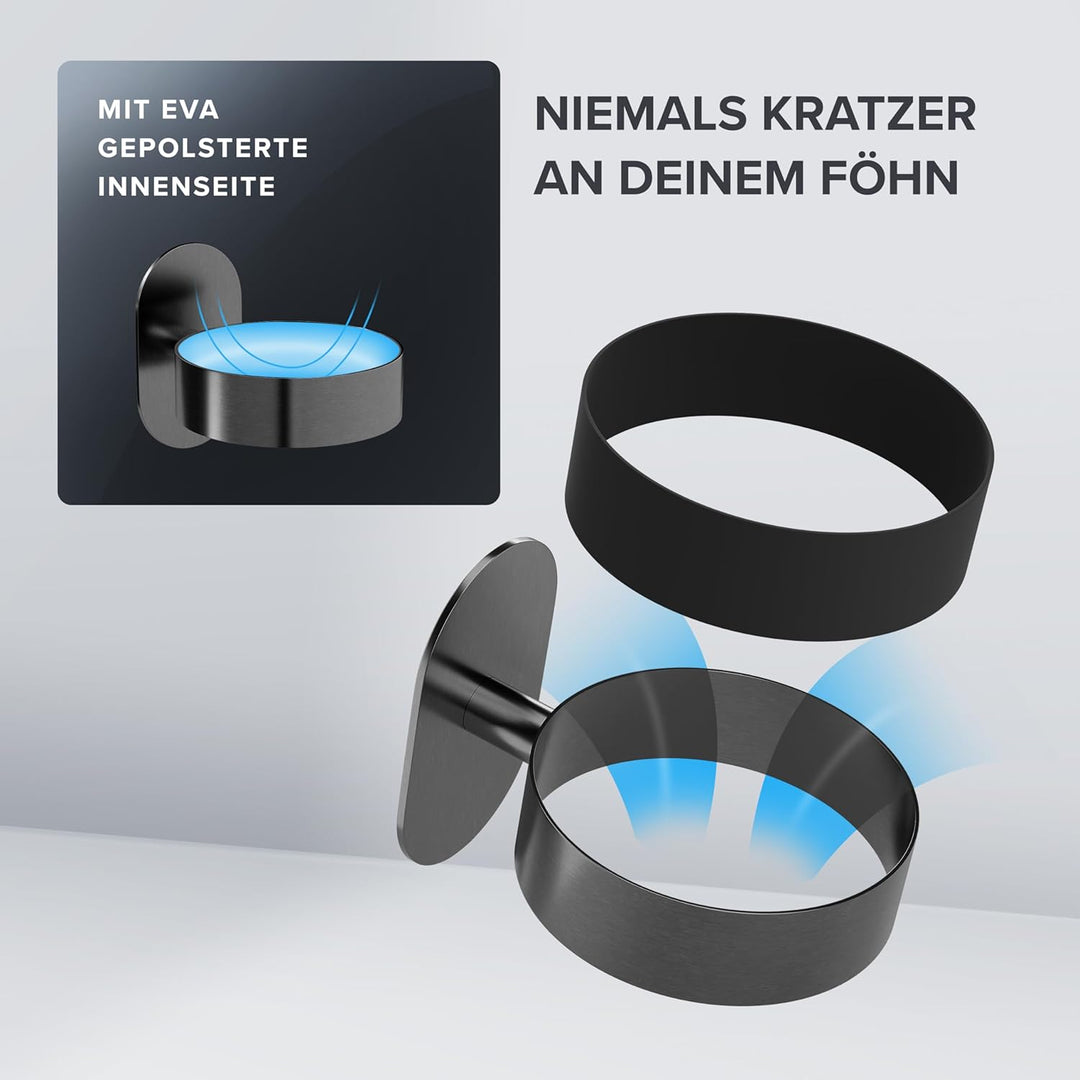 Haartrocknerhalter Mesmogtind | Edelstahl | Gunmetal | mit Wandmontage ohne Bohren | mit Fönpolsteru