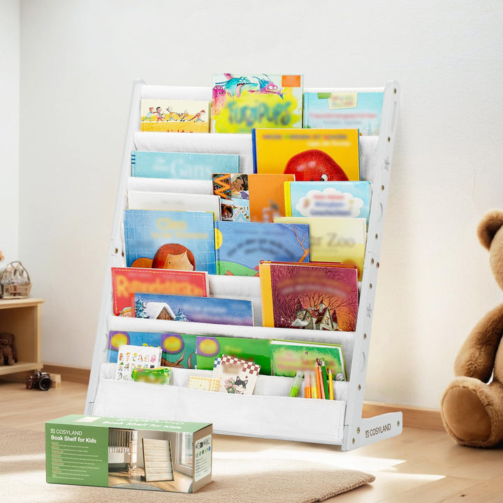 COSYLAND Bücherregal Kinder mit 6 Oxford-Stoff Fächern - Kinderbücherregal aus Naturholz - Bücherreg