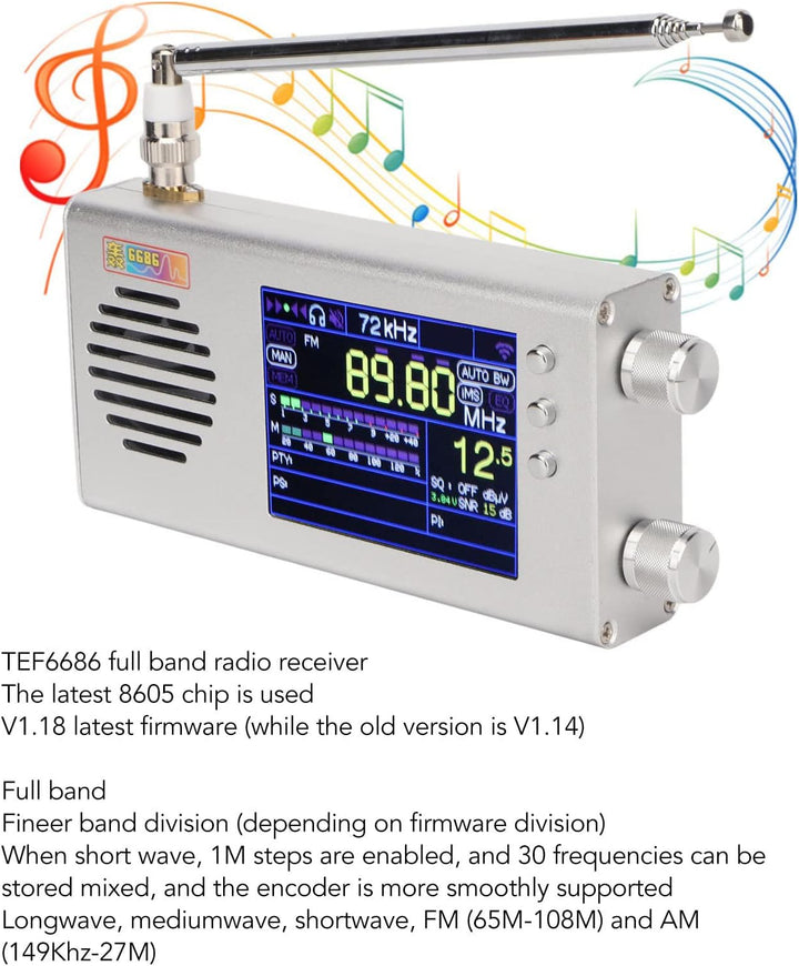 TEF6686 Vollband-Radioempfänger, Tragbares Digitales AM-FM-Stereoradio mit 3,2-Zoll-LCD-Bildschirm,