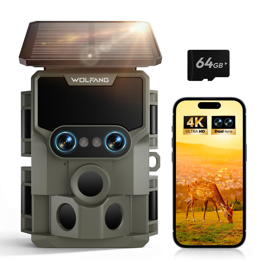 WOLFANG Wildkamera, 64 MP WLAN mit Handyübertragung-App, 4K Doppellinse Video Wildtierkamera mit Bew