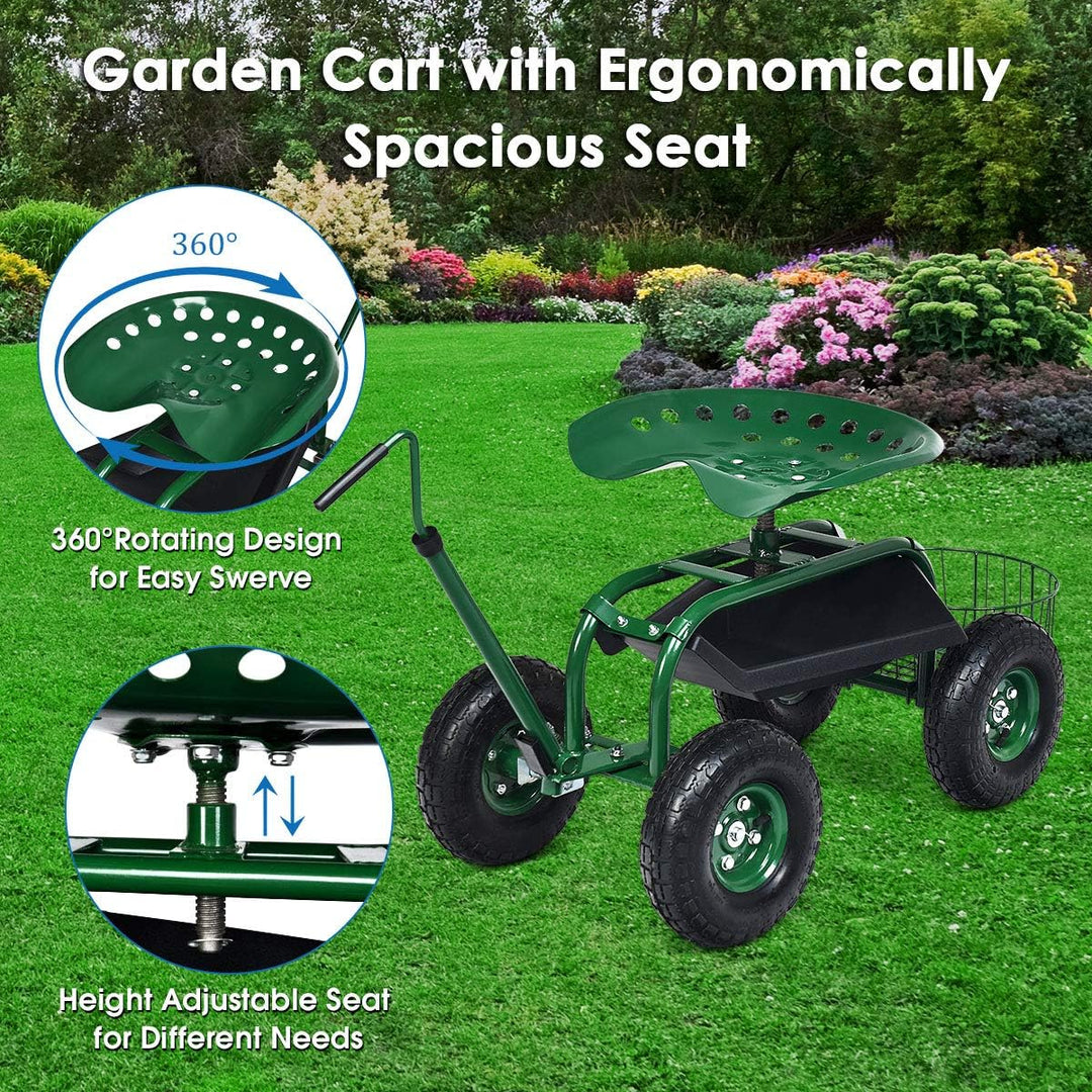RELAX4LIFE Rollsitz mit Ablage Korb, Gartensitz mit Ausziehbarem Griff 4 Rädern, Gartenrollsitz Fahr