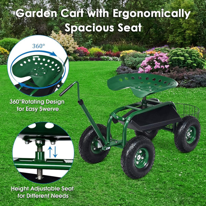 RELAX4LIFE Rollsitz mit Ablage Korb, Gartensitz mit Ausziehbarem Griff 4 Rädern, Gartenrollsitz Fahr