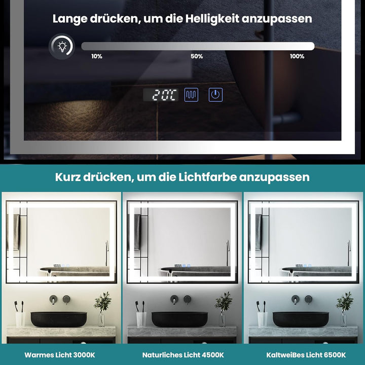 YOURLITE Badspiegel mit Beleuchtung 80x60cm, LED Spiegel Bad, 3 Lichtfarben dimmbar, Badezimmerspieg