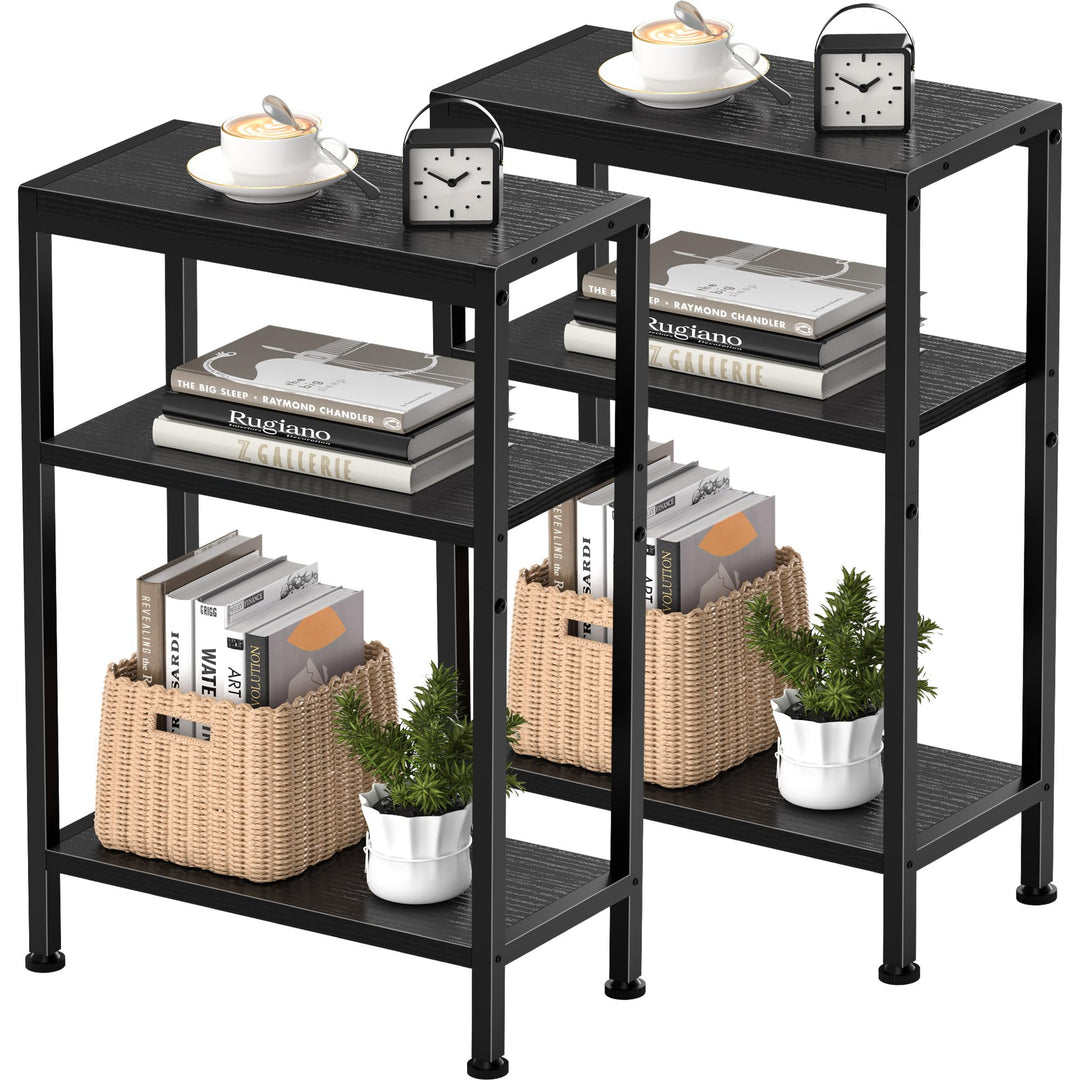 Schmaler Beistelltisch, Nachttisch, 2er Set, Kleiner Tisch, 3 Ablagen Nachttisch Schmal mit Stauraum