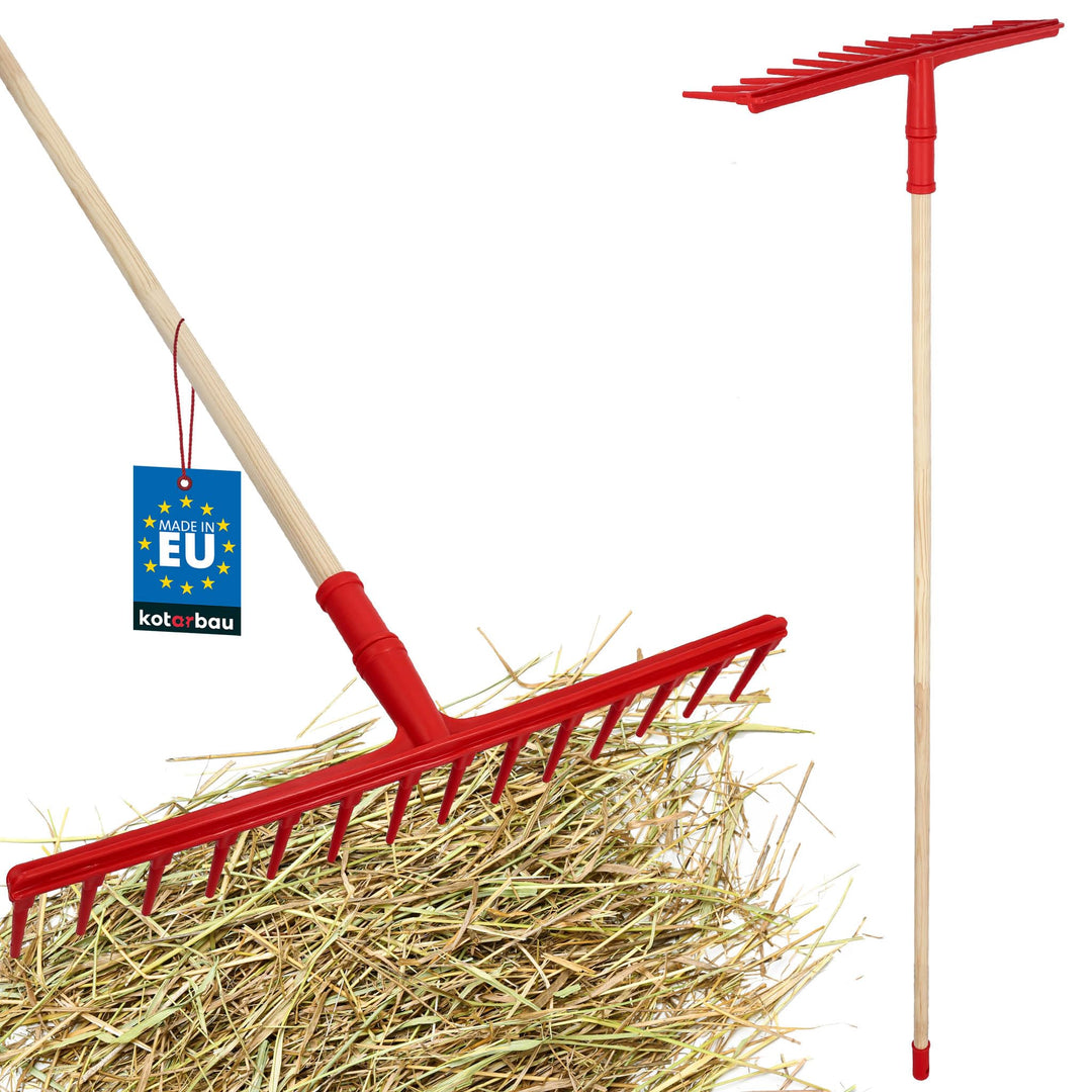 KOTARBAU® Heurechen - 54 cm - mit Holzstiel 1,5 m - Extra-Click - Laubrechen Kunststoff - 14 Zinken