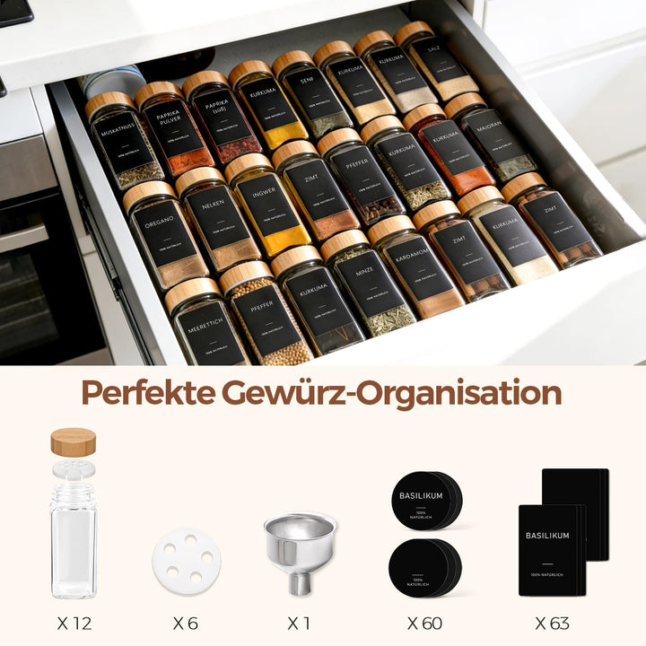 ComSaf Gewürzgläser Set 12 Stück 120 ml (4,7 × 4,7 × 10,8 cm), platzsparende Aufbewahrung für schnel