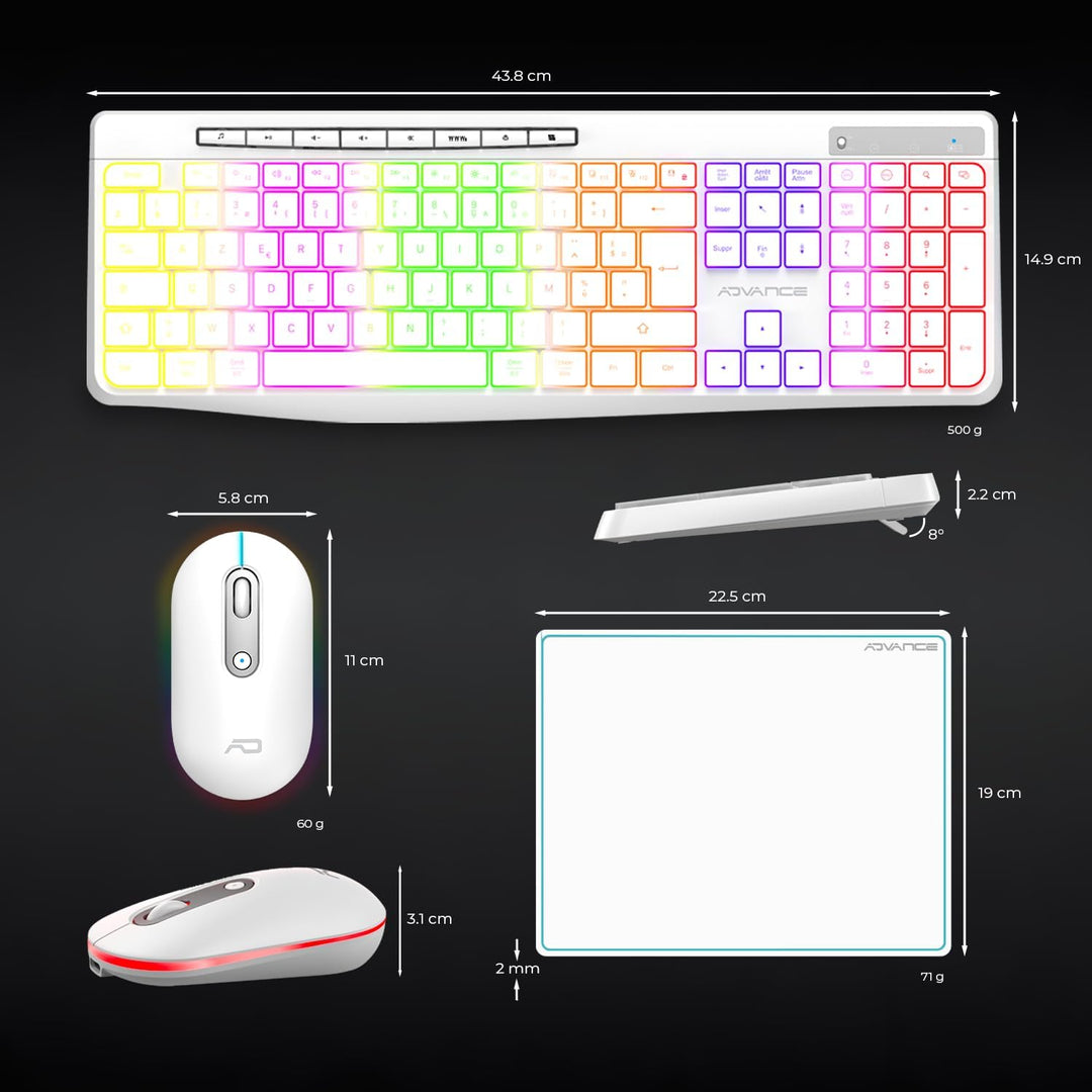 AD Advance - R Type, Set aus kabelloser Maus-Tastatur, leise, rutschfeste Matte, RGB-Hintergrundbele