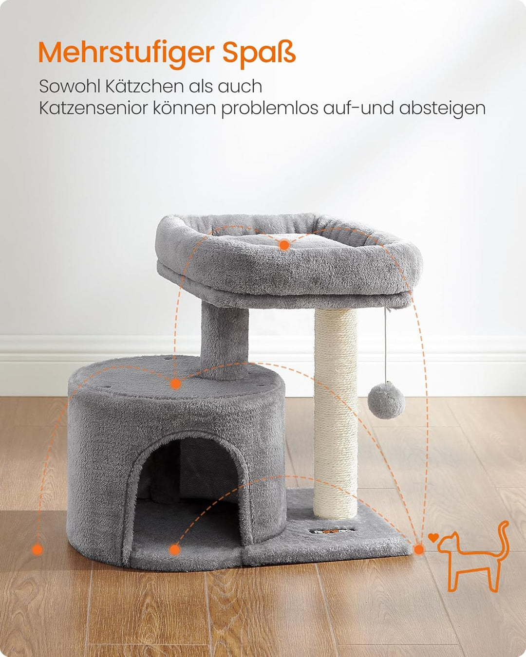 Feandrea Kratzbaum klein, Katzenbaum mit Sisalstamm, Katzenkratzbaum mit gepolsterter Plattforme, fü