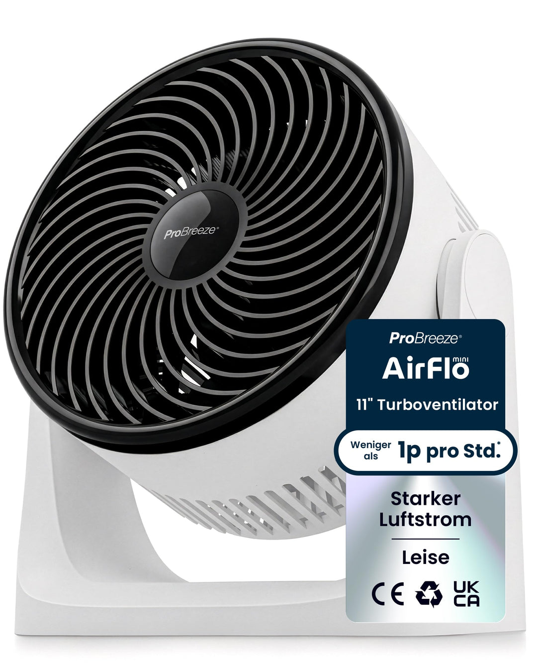 Pro Breeze AirFlo Mini Tischventilator – Leiser Turbo Ventilator mit 3 Stufen, 90° Neigung und kraft