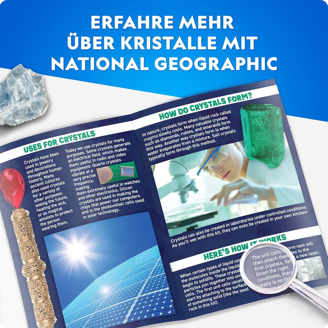 NATIONAL Geographic Kristallzucht-Set – Züchte 3 farbenfrohe Kristalle mit beleuchtetem Ständer & Ha