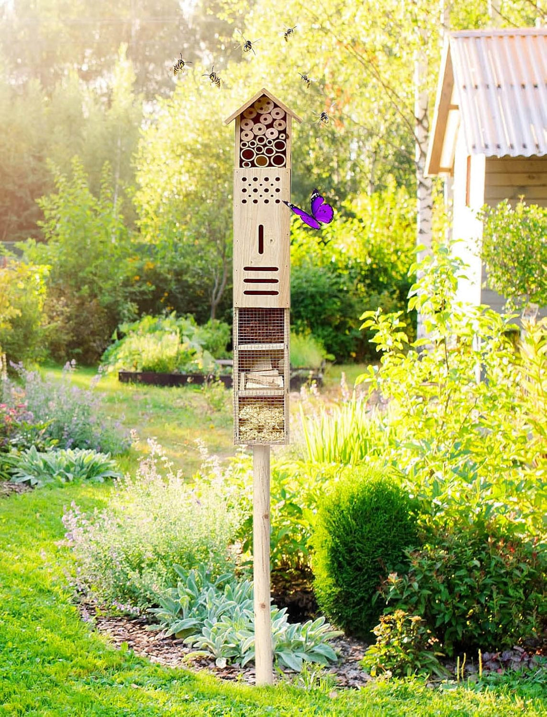 Insektenhotel mit Erdspiess, als Nisthilfe für Nützlinge, Garten, gross, stehend, Bienenhotel Wildbi