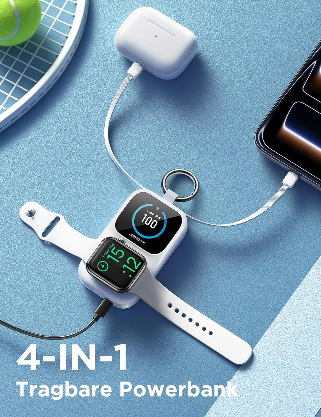 JOYROOM 5000mAh Mini Powerbank für Apple Watch 11 mit USB C Ladekabel,【LED-Display & Schlüsselanhäng
