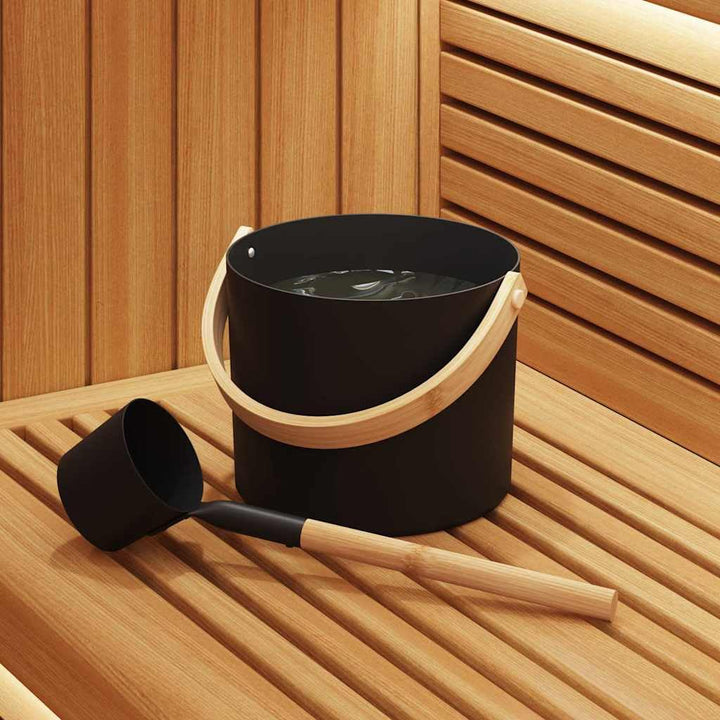 Sauna Zubehör Set 2-teilig Schwarz aus Aluminium und Kiefernholz mit 7L Eimer und Schöpflöffel für I