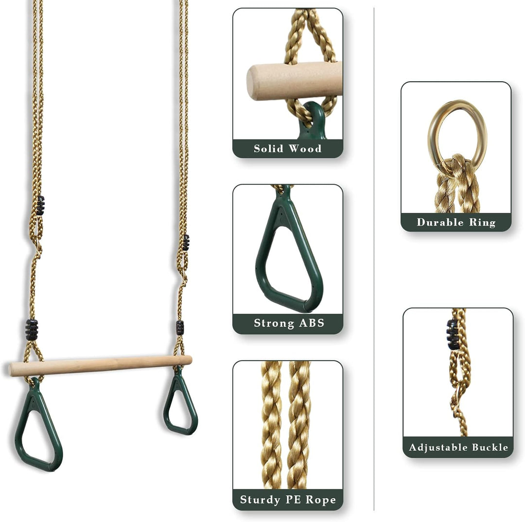 Leogreen Kinder Holz Trapeze Schaukel mit Kunststoff Turnringe, Aufhängen belastbar bis 150KG, Schau