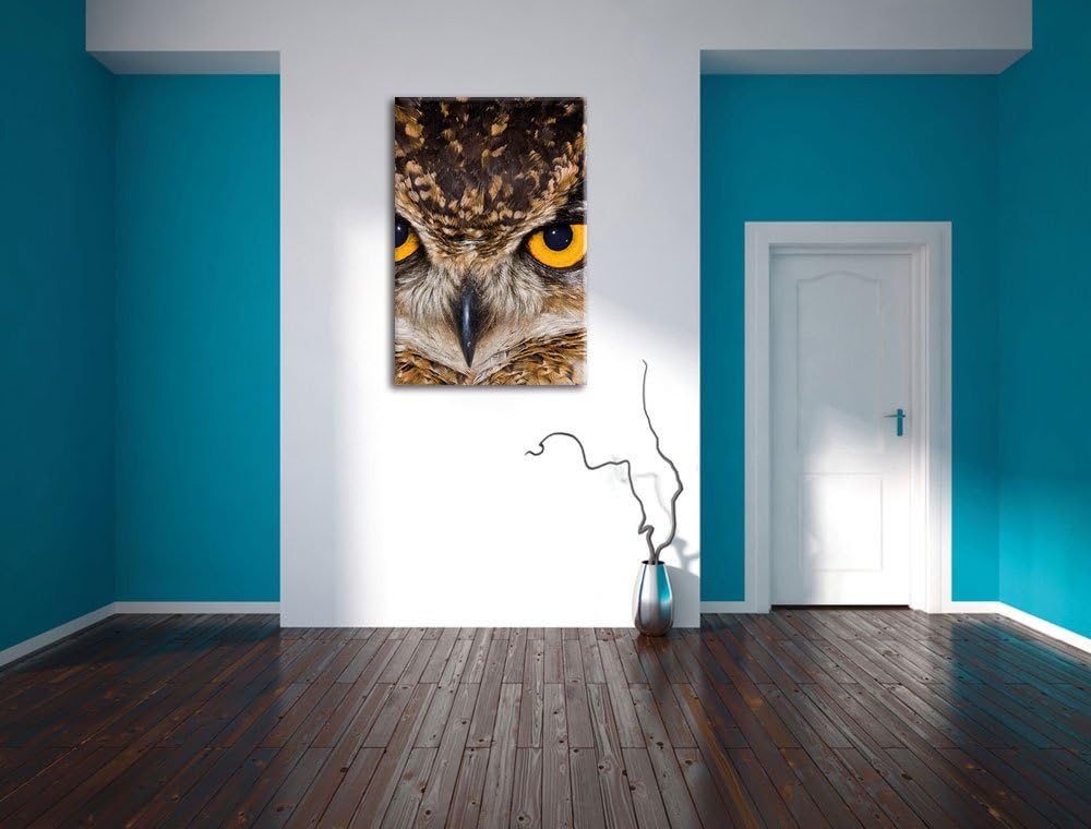 Eule mit gelben Augen, Format: 100x70 auf Leinwand, XXL riesige Bilder fertig gerahmt mit Keilrahmen