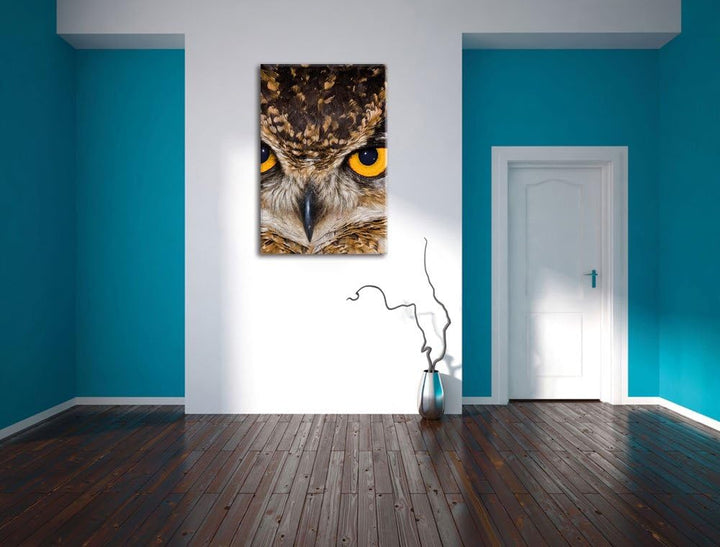 Eule mit gelben Augen, Format: 100x70 auf Leinwand, XXL riesige Bilder fertig gerahmt mit Keilrahmen