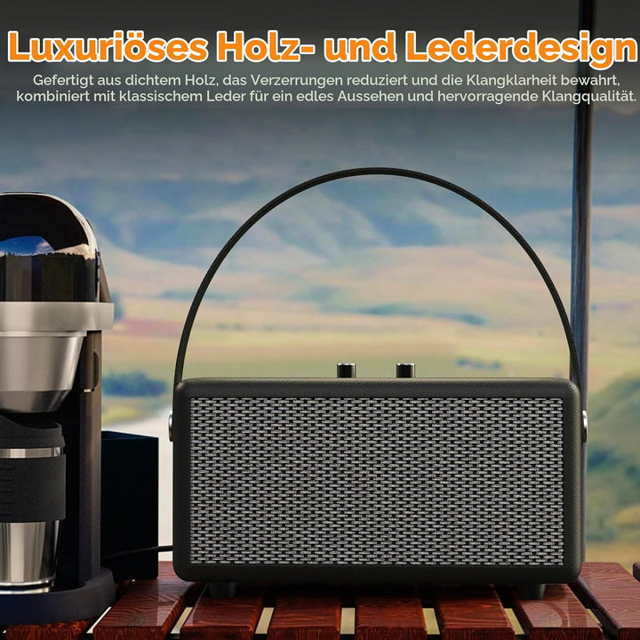 Tragbarer Retro Bluetooth-Lautsprecher mit Ledergriff und Drehregler