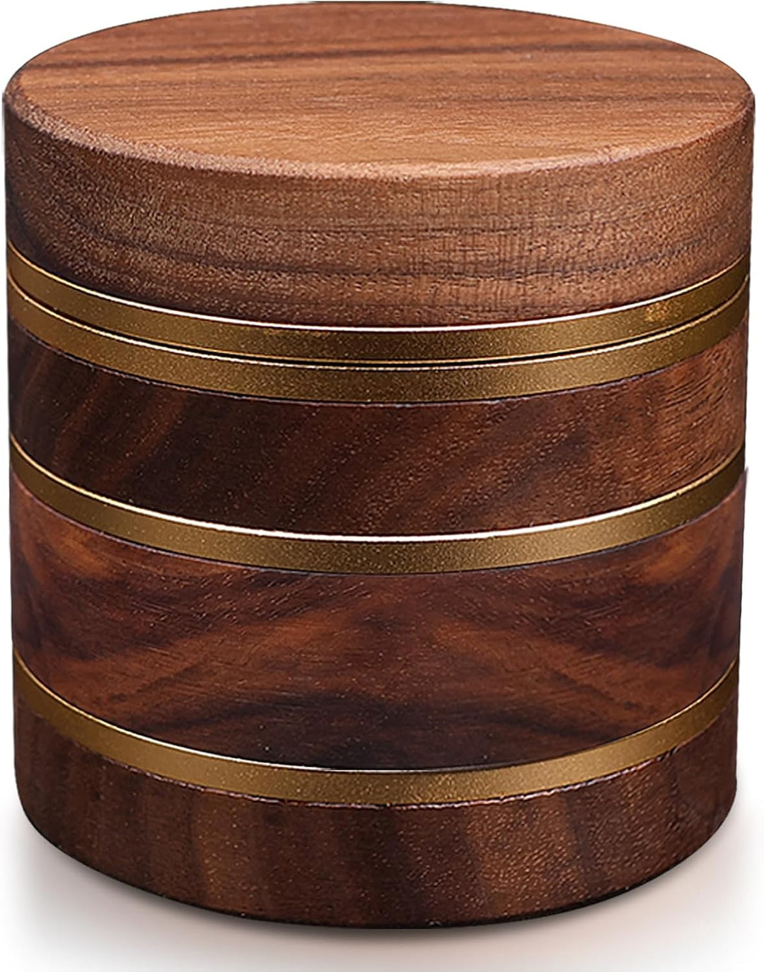 Holz Gewürzmühle mit Magnetdeckel, Feinsieb &amp; Aluminiumkern, Ø 63 mm, Gold | Walnussholz-Gewürzmühle