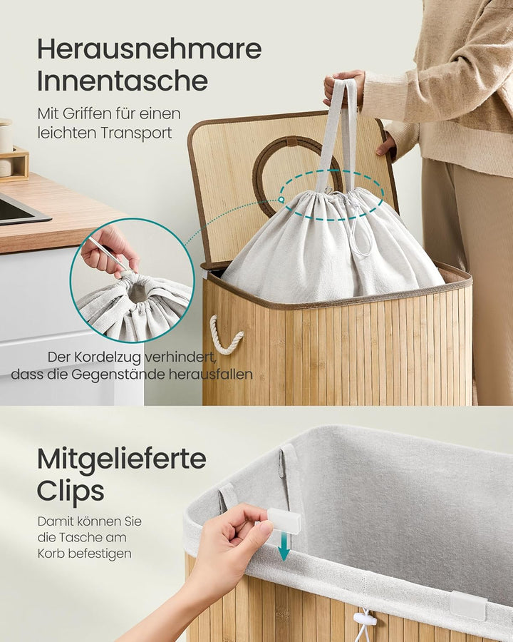 SONGMICS Pfandflaschen-Sammelbehälter, 120 L Pfandflaschen-Behälter, Bambus, Flaschensammler Leergut