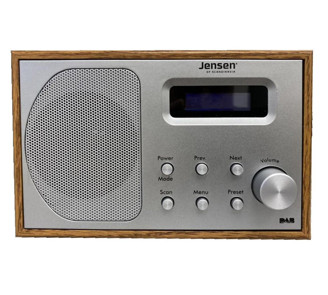 Jensen Fox Wood Mono Radio | Kompaktes, tragbares FM/DAB Küchenradio für Zuhause und Unterwegs mit W