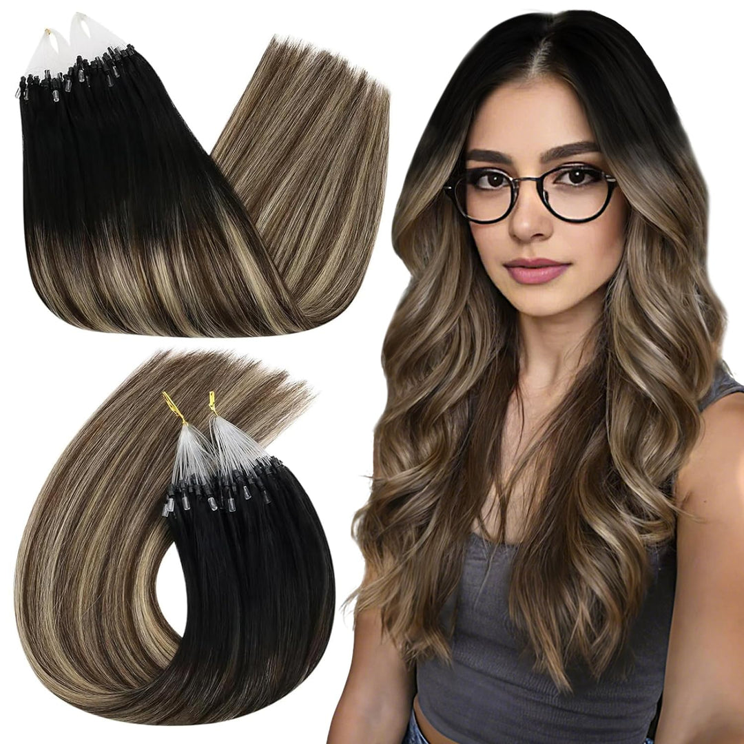 Ugeat 45cm Haarverlängerung mit Microrings Balayage Schwarz zu Dunkelbraun und Karamellblond Remy Ec