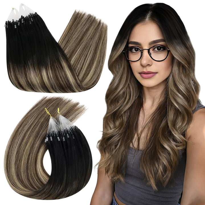Ugeat 45cm Haarverlängerung mit Microrings Balayage Schwarz zu Dunkelbraun und Karamellblond Remy Ec