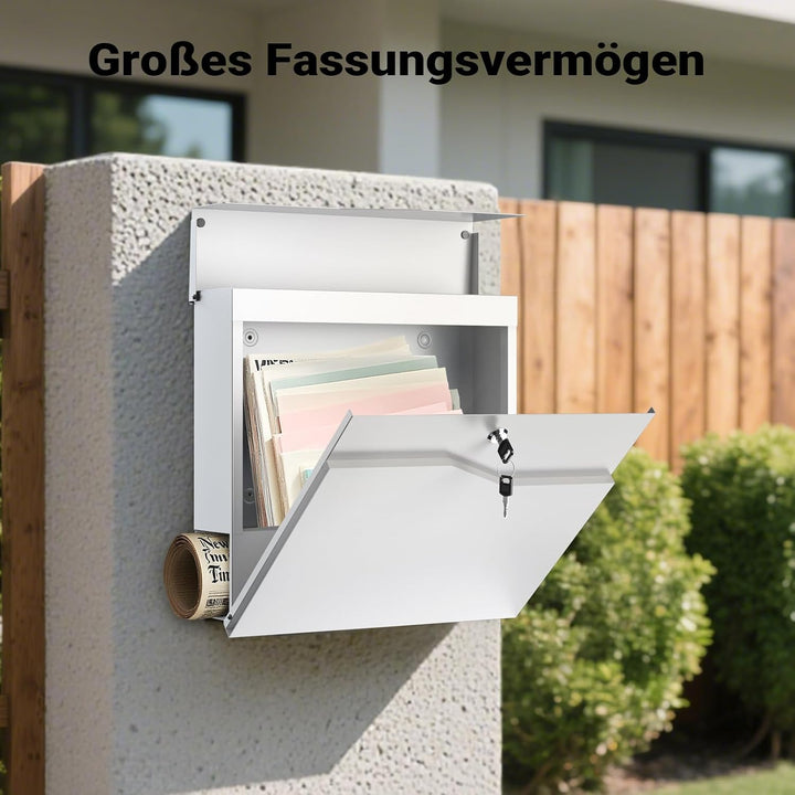 Wiltec Designer Briefkasten V19 weiss 370 x 102 x 370 mm, Wandbriefkasten mit Schloss und Zeitungsro