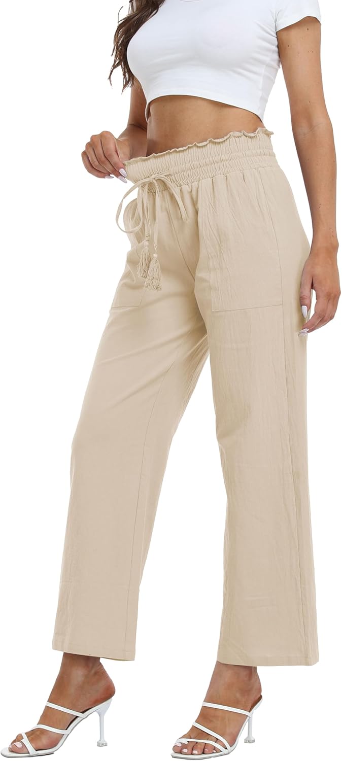 Famulily Leinenhose Damen Sommer Weites Bein High Waist Palazzo Freizeithose Stoffhose Yogahose Mit