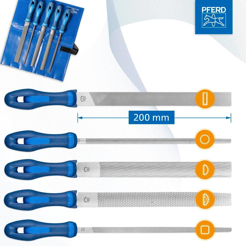 PFERD Werkstattfeilen-Set in PVC-Rolltasche, 5 Feilen, 200mm, 11800520 - für ein umfassendes Anwendu