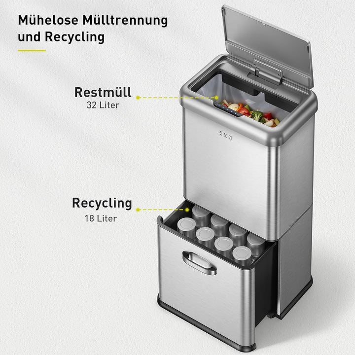 EKO Vintage 50L Mülleimer Sensor, Mülleimer 2 Fächer 32L + 18L, Mattes Edelstahl Küchenabfalleimer,