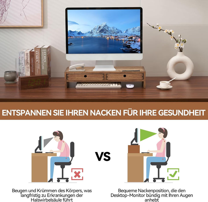 KIRIGEN hölzerner Monitorständer mit 2 Schubladen Computer Desktop Storage Organizer Lautsprecher TV