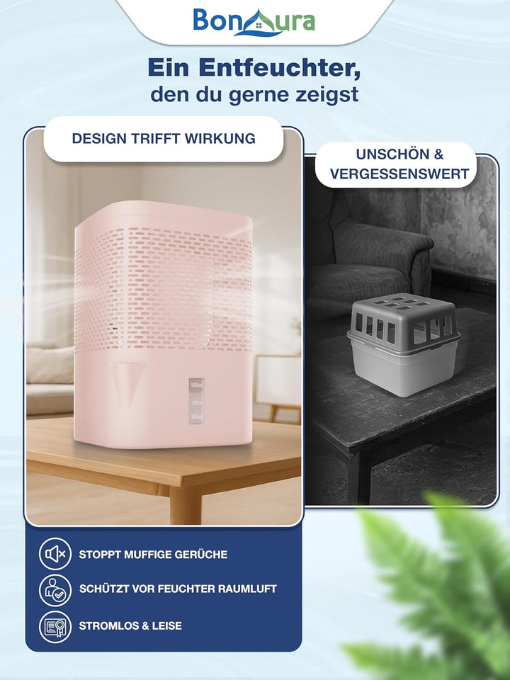 BonAura® AirOne Luftentfeuchter ohne Strom bis 23m² I 360° Belüftung I Raumentfeuchter mit Ausgiesse