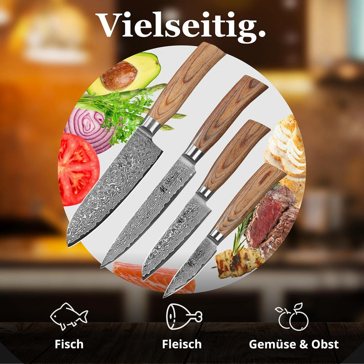 Wakoli Edib Pro 4er Damastmesser-Set mit Klingen von 8,50 - 17,20 cm Länge extrem scharf aus 67 Lage