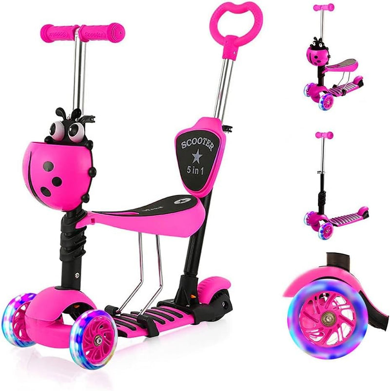 YOLEO 5-in-1 Kinder Roller Scooter mit Abnehmbarer Karikaturkorb Sitz Schubstange LED grosse Räder B