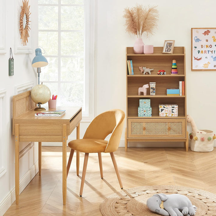 BAÏTA Kinderregal Pablo Eichenoptik und Rattangeflecht, H140cm, Buchenholz