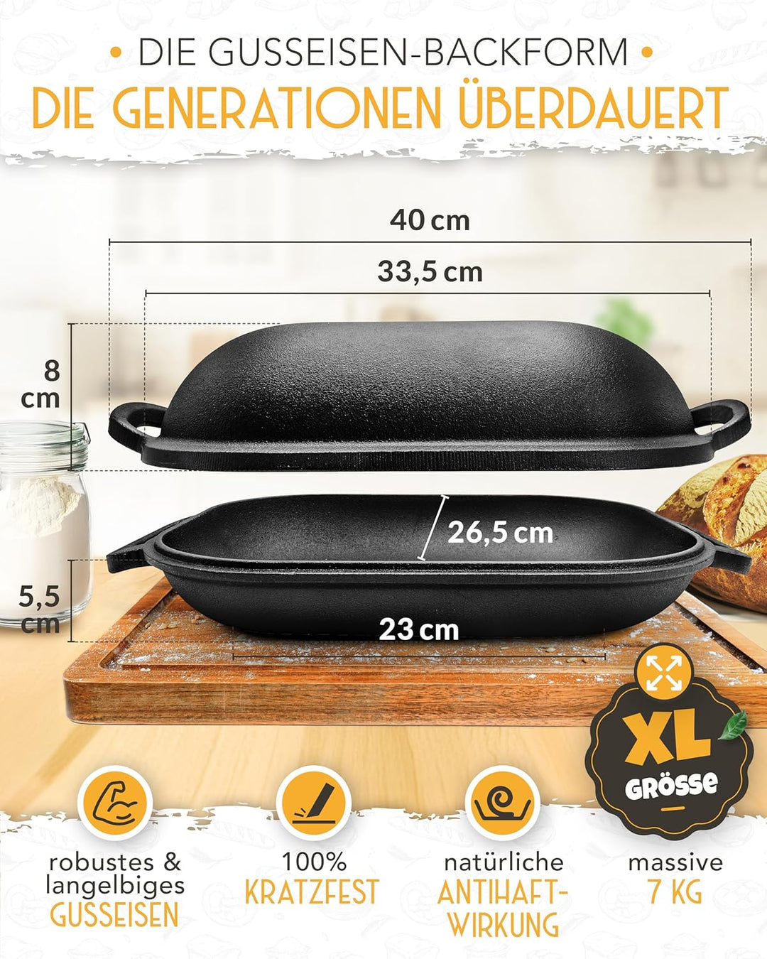 KRUSTENZAUBER 40cm Brotbackform mit Deckel Gusseisen inkl. Gärkorb - Robuster Gusseisen Topf Brot Ba