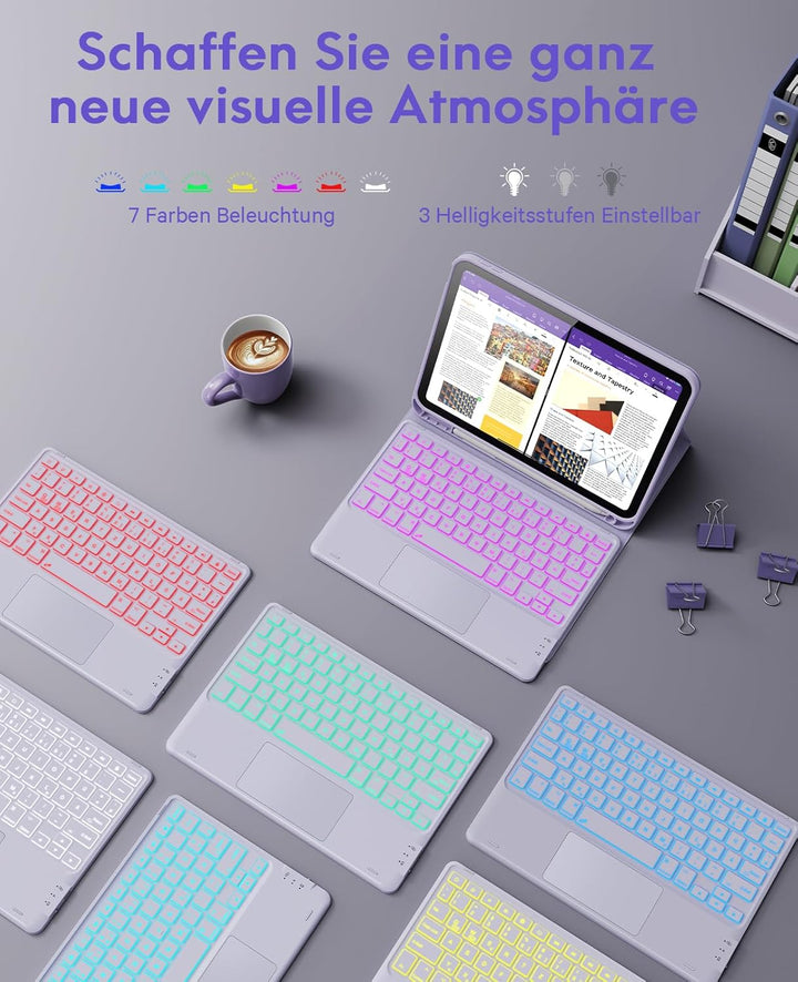 CHESONA Hülle mit Tastatur für iPad 10 Generation/11 Generation A16 2025, 7 Farben Beleuchtung, Mult