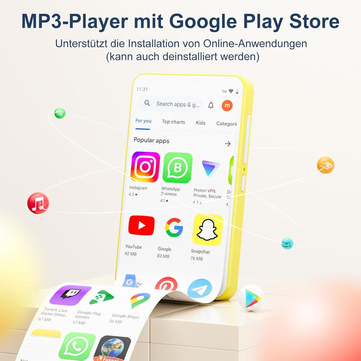 MP3 Player mit Bluetooth und WiFi, Oilsky 80GB 4 Zoll 1080P Touchscreen MP4 Player, Android 9.0, Tra